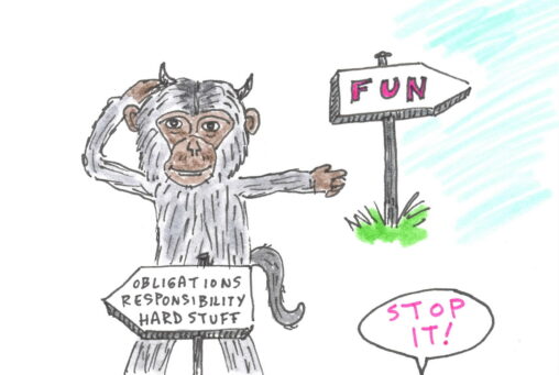 A monkey demon pointing the way to fun instead of obligations.