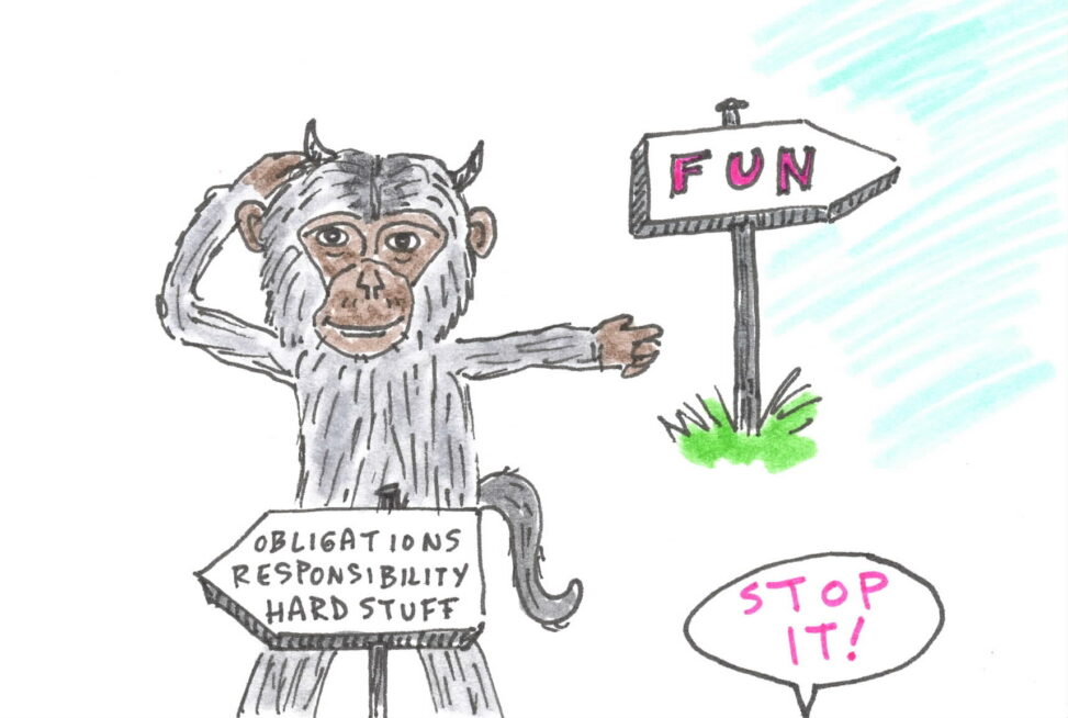 A monkey demon pointing the way to fun instead of obligations.