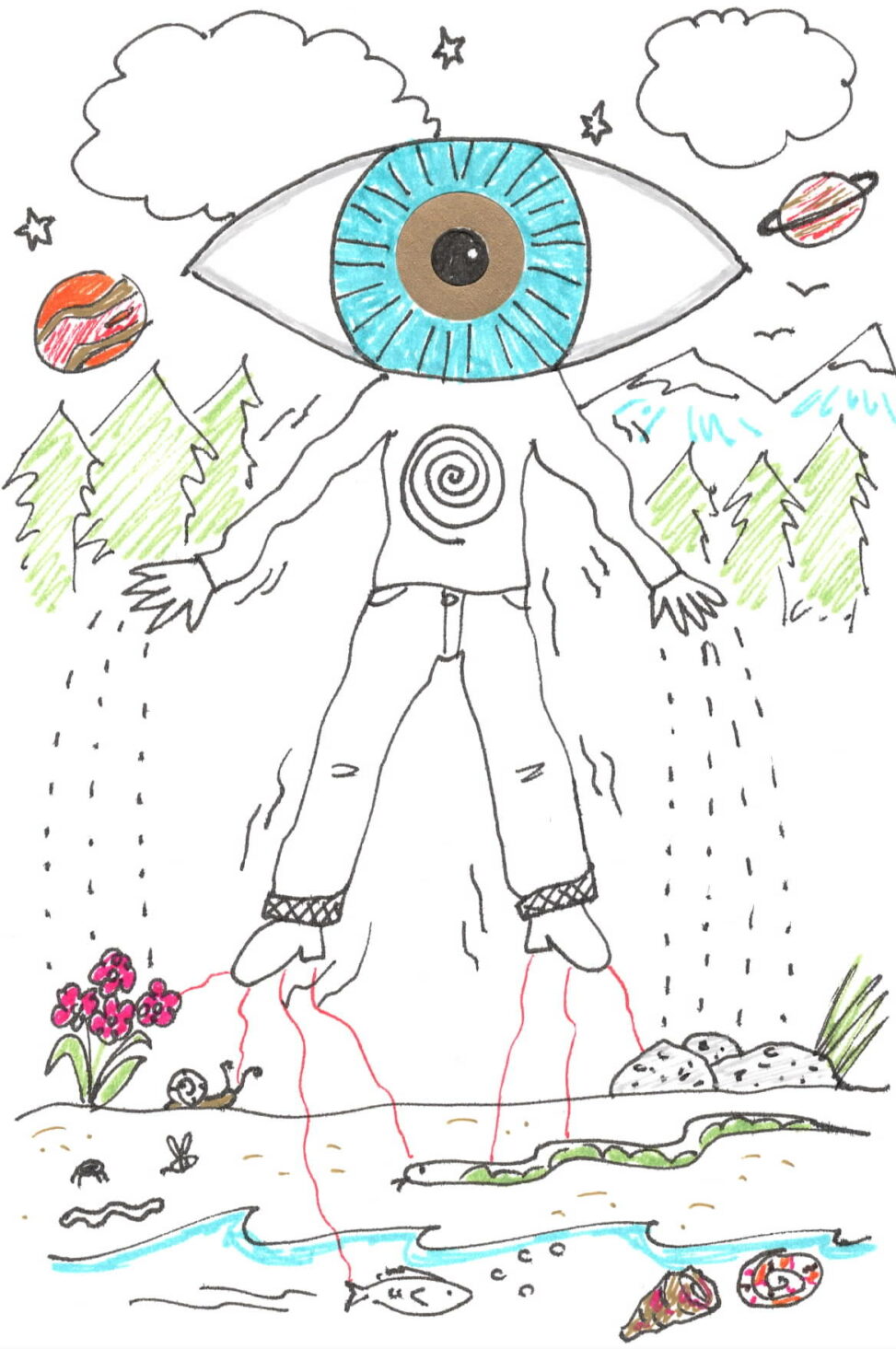 A person with a giant eyeball for a head vibrating to the energy of the cosmos.