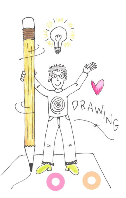 A figure is holding a giant pencil and looking happy.