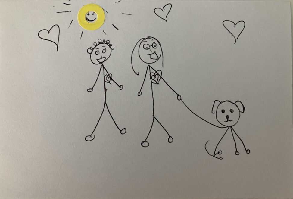 Two people walking a dog. The sun in shining behind them and there are hearts around the image. The hearts on the stick figures are shown.